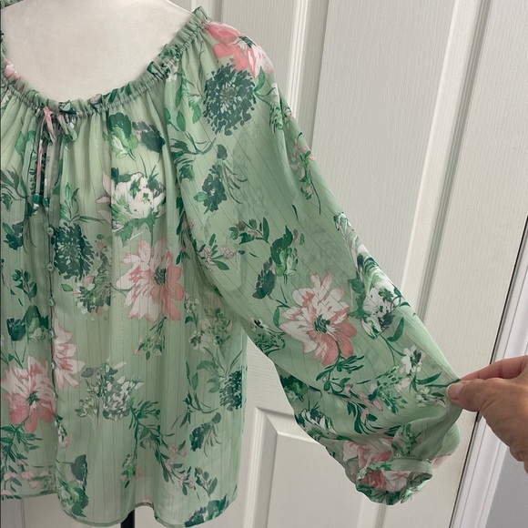 Zara Floral Sheer Blouse in Mint Green & Pink Ruffle Collar with Tie Flowy Fit - Picture 7 of 16